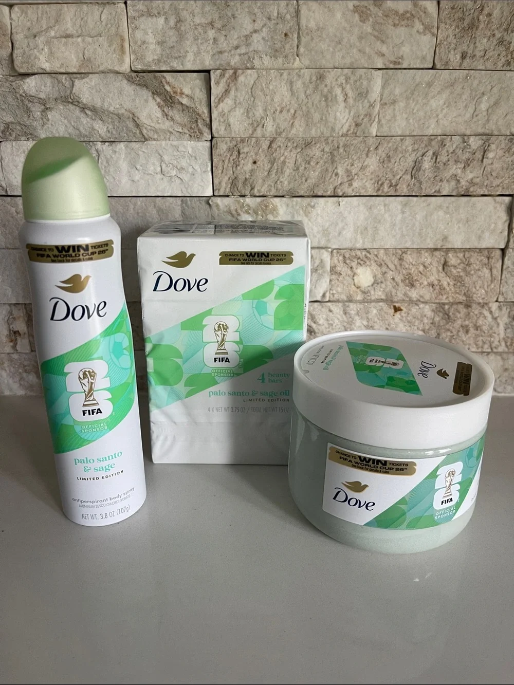 Brand new! $28 Dove Pablo Santo & Sage Oil Body Scrub + Body Spray + Soap